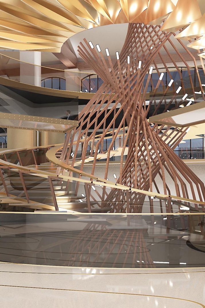 Plan d'un grand escalier en colimaçon aux caractéristiques architecturales, couleur doré avec des rampes en verre, visible à l'intérieur d'un bâtiments. 