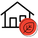 Dessin d'une maison avec une feuille rouge en bas à droite.