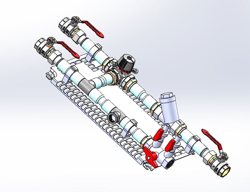 Modélisation 3D d’un module hydraulique industriel composé de collecteurs parallèles, vannes à levier rouge, raccords et capteurs, monté sur un support métallique.