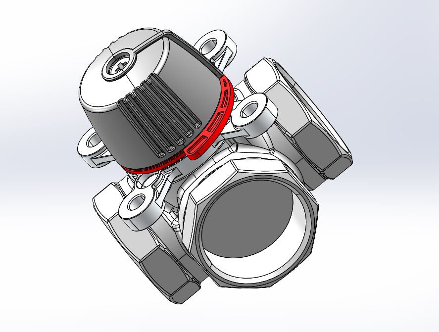 Modèle 3D d’un composant électromécanique intégrant un moteur et un corps de vanne circulaire.