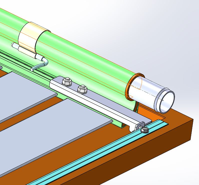 Vue 3D d’un ensemble mécanique avec tube cylindrique monté sur support, guidage linéaire et système de fixation par vis.