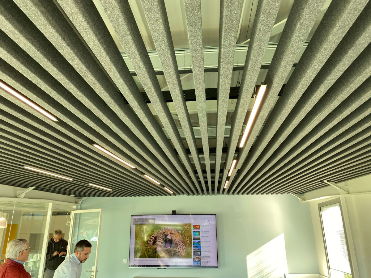 Plafond moderne avec plusieurs luminaires.