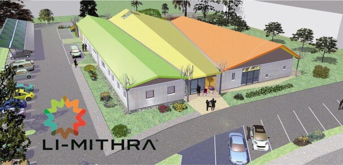 Bâtiment tertiaire ou industriel avec toiture colorée, présenté en vue 3D architecturale.