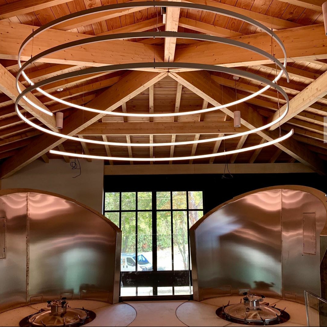 Intérieur d’une pièce avec plafond en bois apparent et poutres visibles, grand lustre circulaire moderne suspendu au centre et d’une porte vitrée donnant sur l’extérieur.