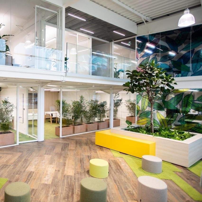 Intérieur de bureau moderne et spacieux avec de grandes baies vitrées, des plantes d'intérieur.