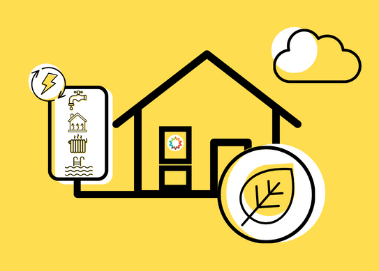 Schéma d’une maison alimentée par un panneau solaire hybride et une PAC Li-Mithra pour chauffer sa maison (eau chaude sanitaire, chauffage).