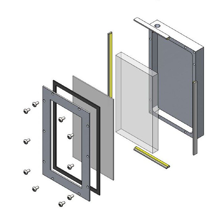 Schéma 3D d’un boîtier mécanique avec ses différentes pièces séparées pour montrer l’assemblage, incluant cadre, joint, vis et éléments internes.