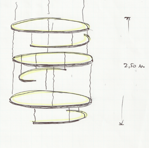 Croquis technique d’un plafonnier en forme de spirale avec annotations de dimensions et indications de mesures.