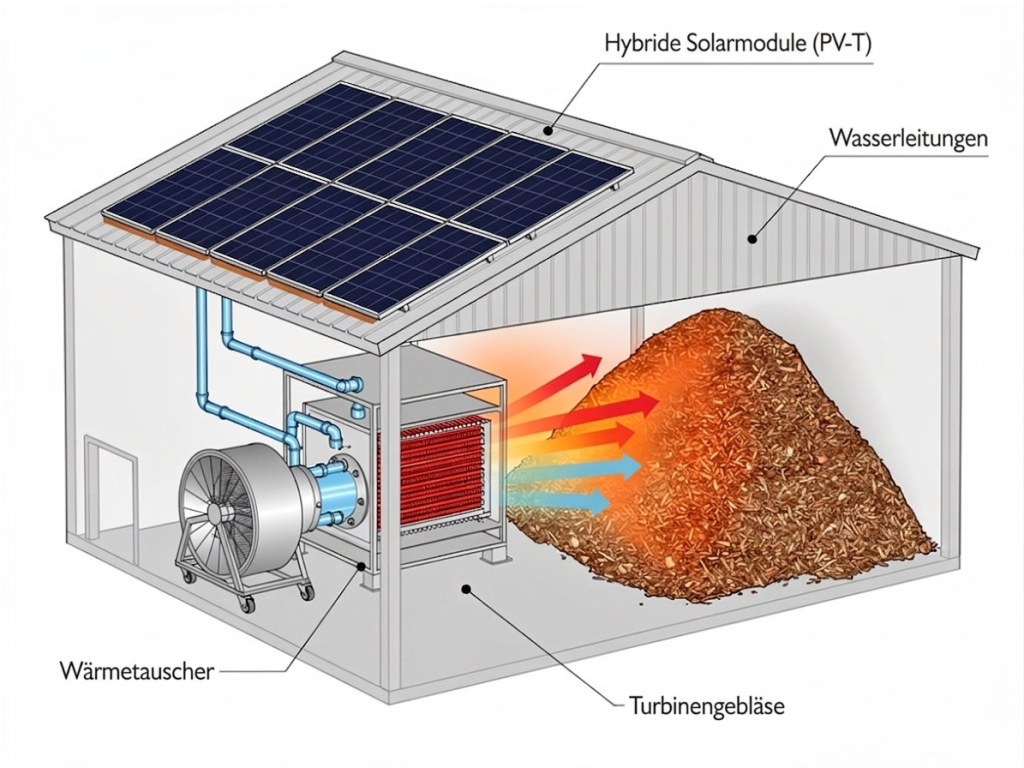 Darstellung einer Trocknungsanlage, die von auf dem Dach installierten Hybrid-Solarmodulen (PV-T) gespeist wird. Die Wärme wird über Wasserleitungen an einen Wärmetauscher geleitet und anschließend von einem Turbinenventilator auf einen Biomassehaufen geblasen, um diesen zu trocknen.