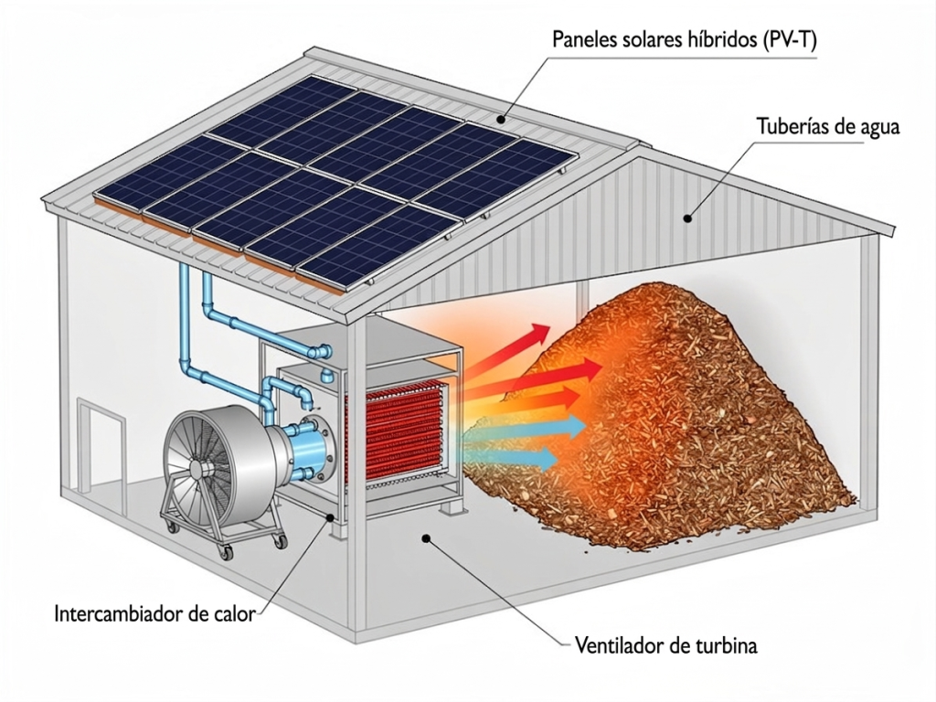 Ilustración de una instalación de secado alimentada por paneles solares híbridos (PV-T) instalados en el tejado. El calor se transmite a través de tuberías de agua a un intercambiador de calor y, a continuación, se distribuye mediante un ventilador de turbina hacia una pila de biomasa para secarla.